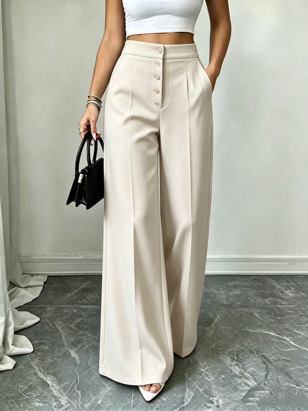 High-Waisted Wide-Leg Straight Pants with Button Pockets