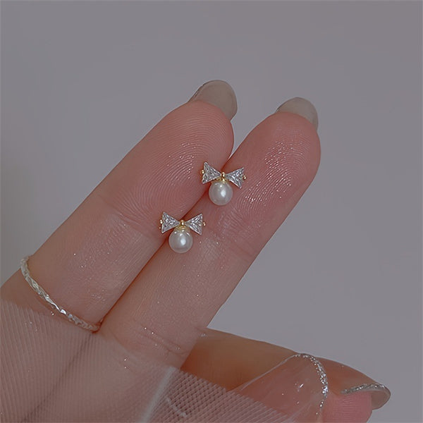 Mini Zircon Bow Stud Earrings with Faux Pearl, Japanese-Korean Style