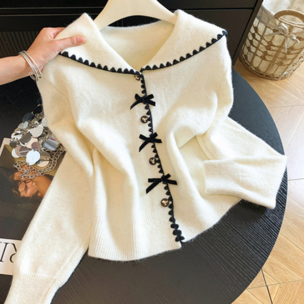 Women’s Knitted Cardigan Sweater with Bow-Tie Buckle