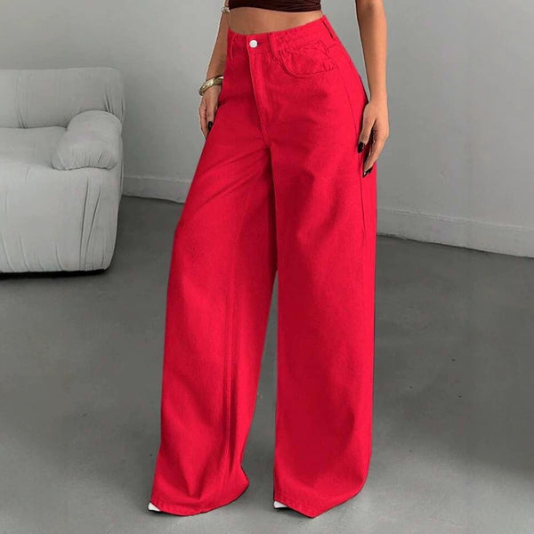 High-Waisted Wide-Leg Red Jeans for Women