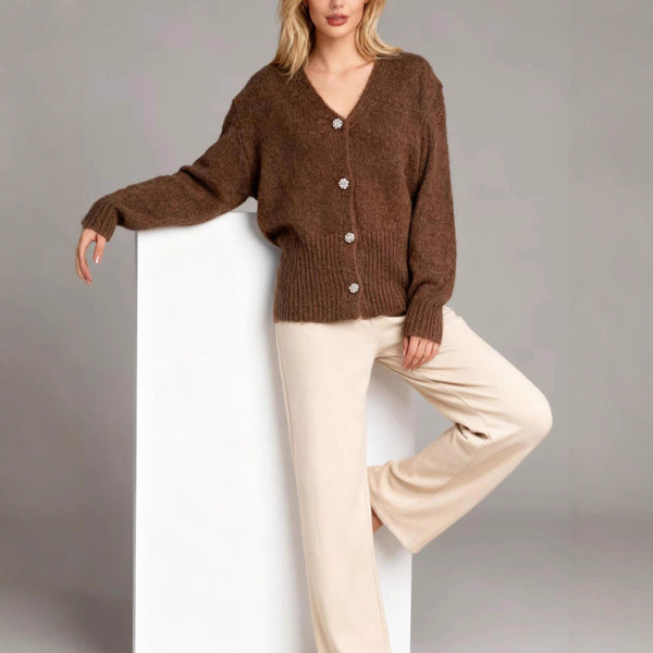 Vintage V-Neck Knitted Cardigan, Loose-Fit Solid-Color Sweater