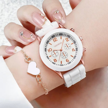 4pcs/set Geneva Watch Fashion Silicone Band Women Quartz Watches Heart Jewelry Set(Without Box)