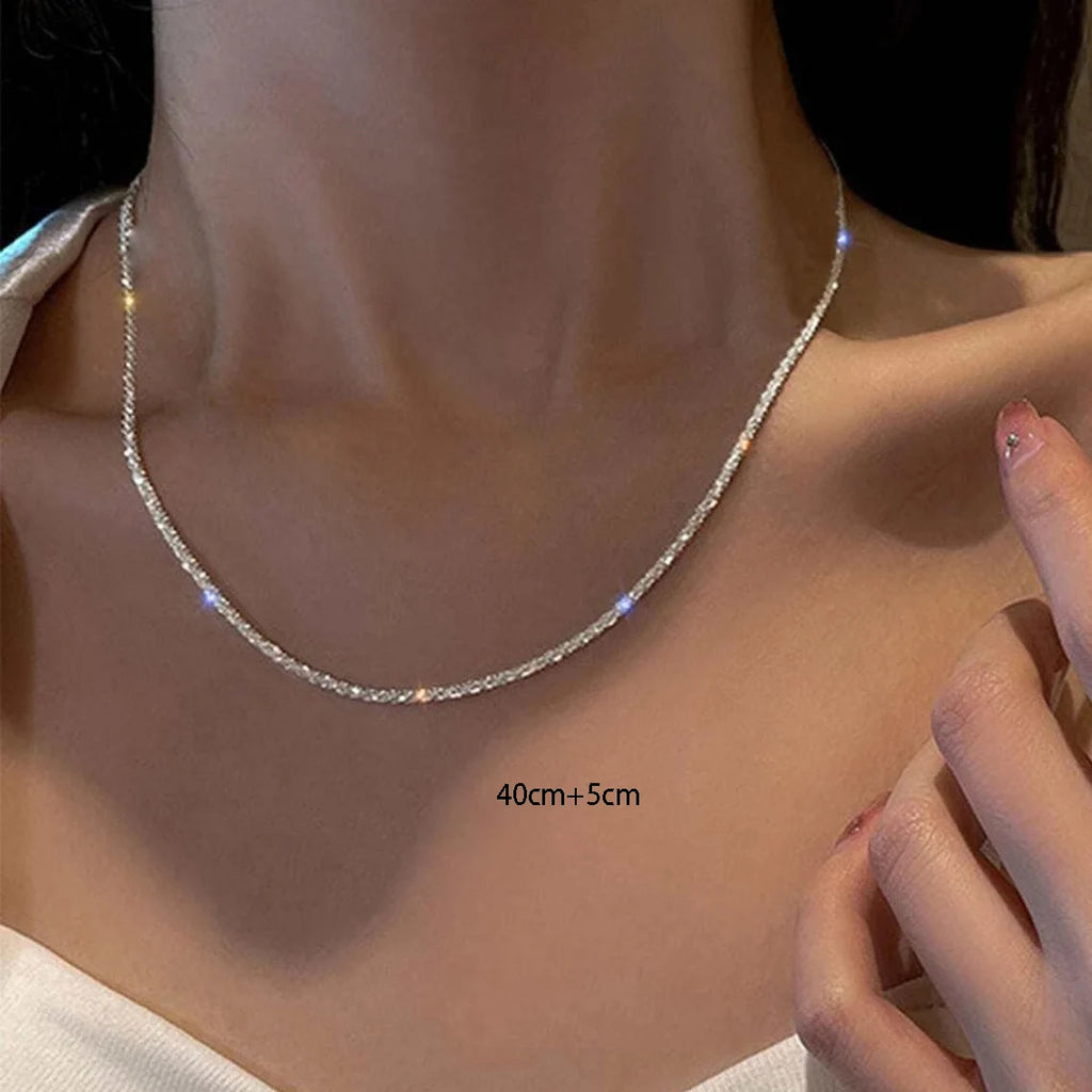 Sparkling Silver Necklace – Trendy Clavicle Chain Choker for Women & Girls