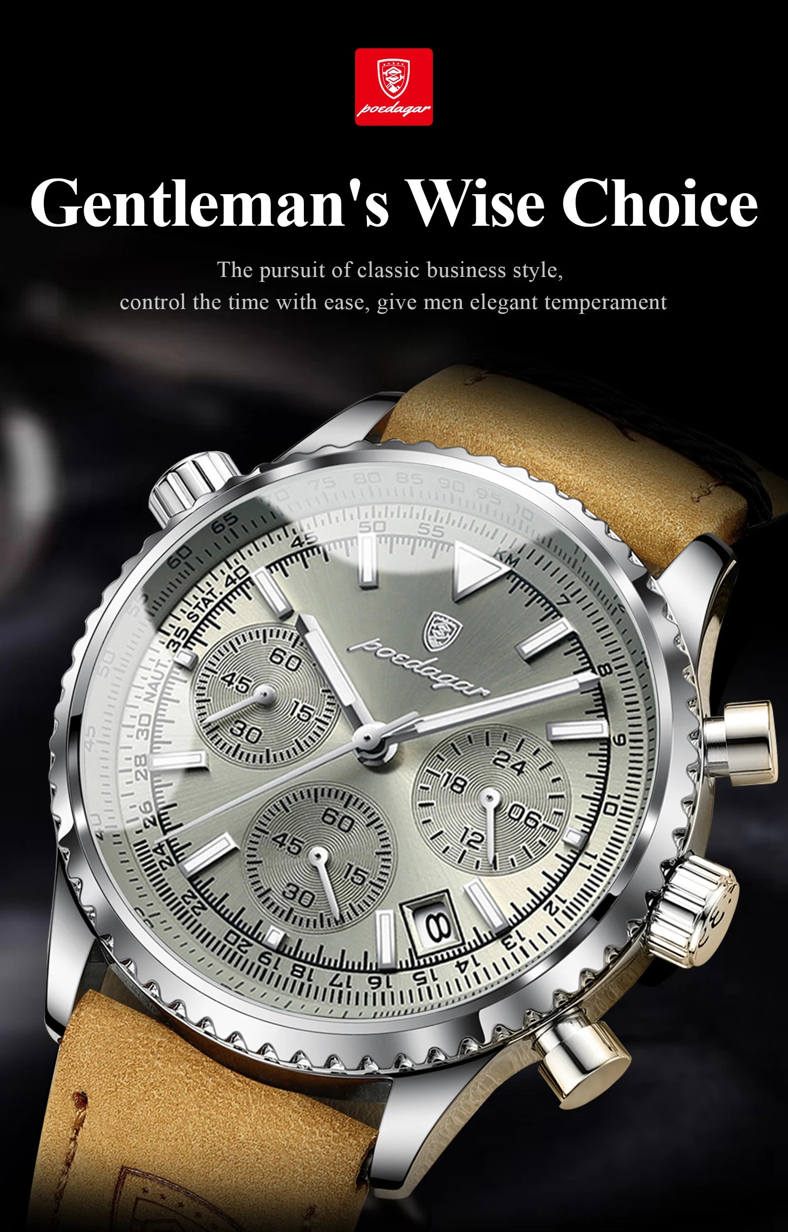 Luxury Men's Chronograph – Waterproof, Luminous, Calendar Leather Quartz Watch – Precision & Style for the Modern Gentleman