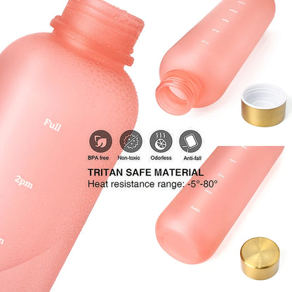 1L Bottle With Time Marker 32 OZ Motivational Reusable Fitness Sports Outdoors Travel Leakproof BPA Free Frosted Plastic