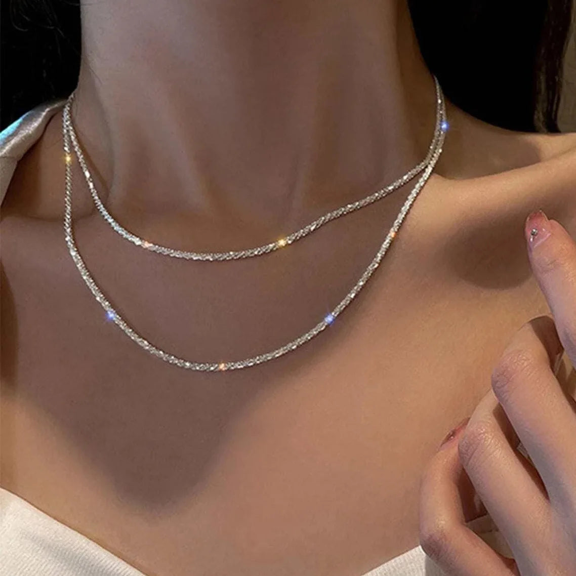 Sparkling Silver Necklace – Trendy Clavicle Chain Choker for Women & Girls