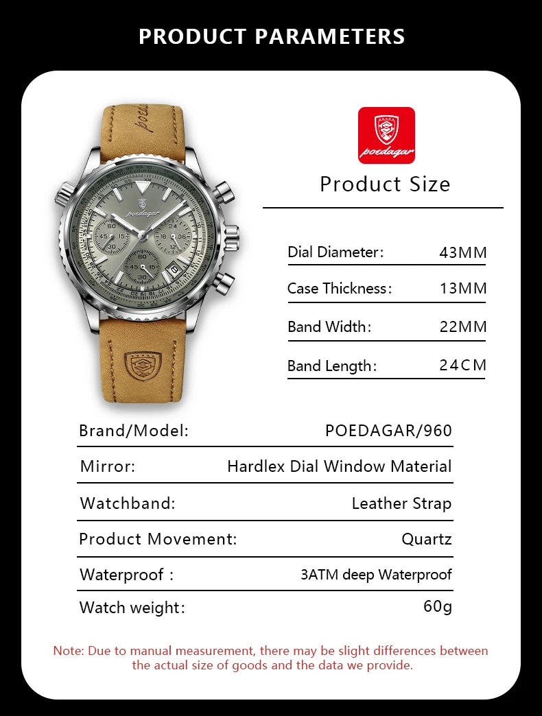 Luxury Men's Chronograph – Waterproof, Luminous, Calendar Leather Quartz Watch – Precision & Style for the Modern Gentleman