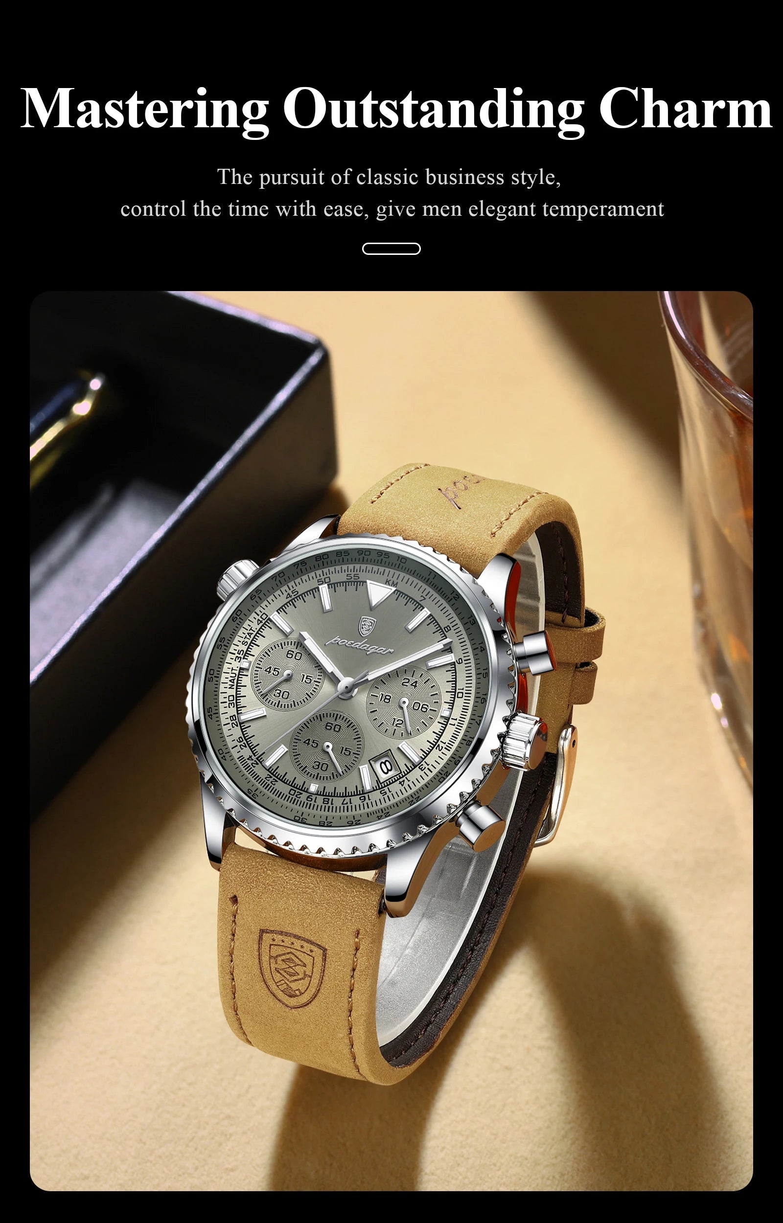 Luxury Men's Chronograph – Waterproof, Luminous, Calendar Leather Quartz Watch – Precision & Style for the Modern Gentleman