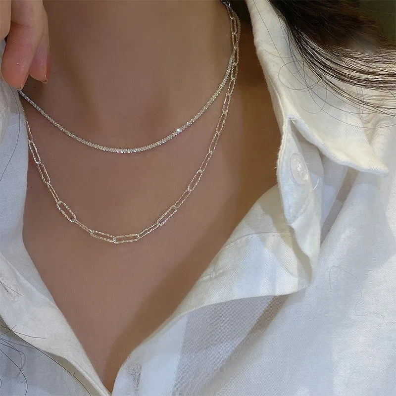 Sparkling Silver Necklace – Trendy Clavicle Chain Choker for Women & Girls