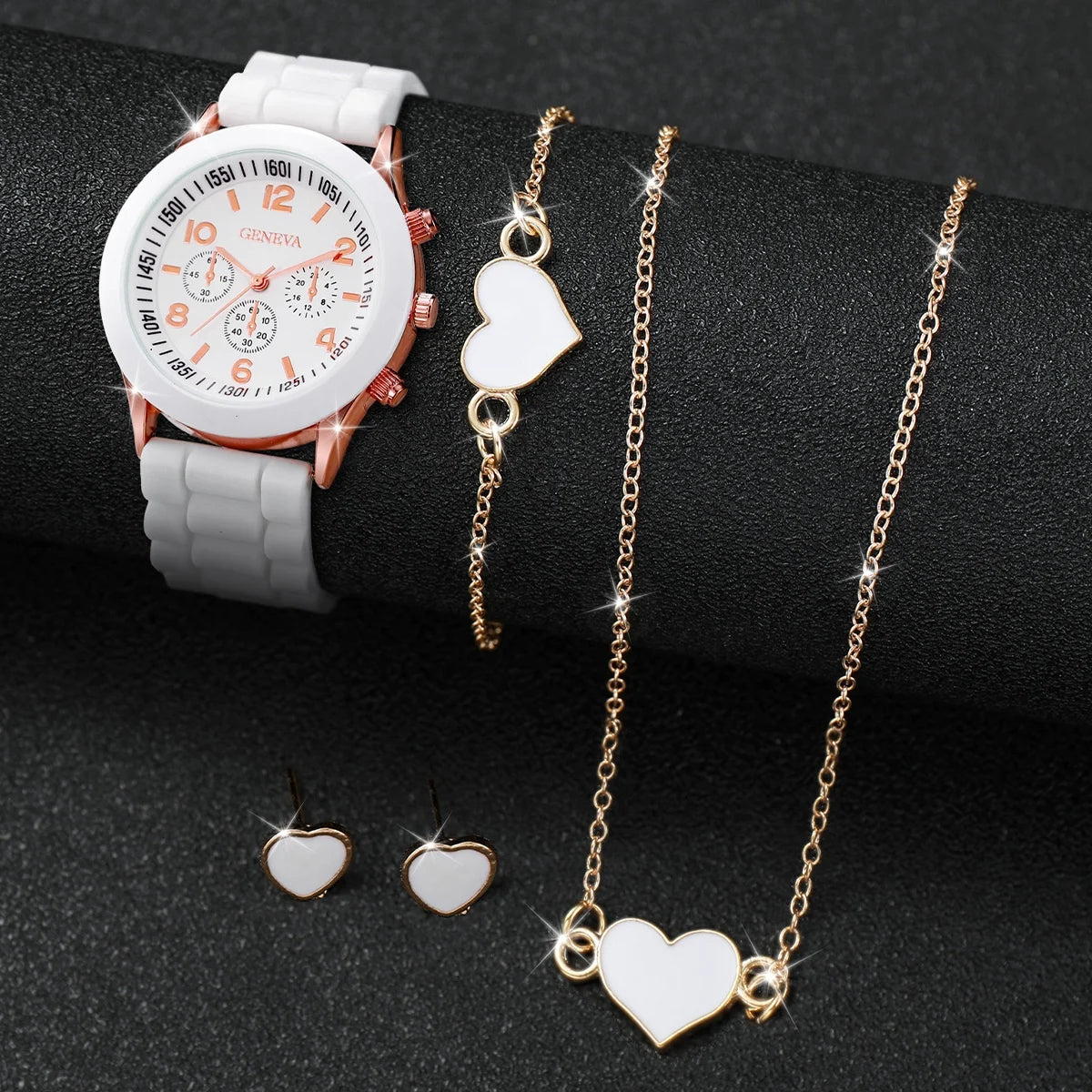 4pcs/set Geneva Watch Fashion Silicone Band Women Quartz Watches Heart Jewelry Set(Without Box)