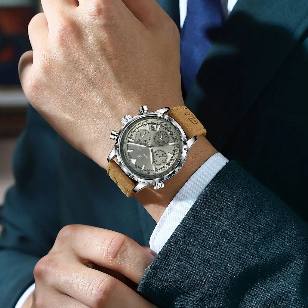 Luxury Men's Chronograph – Waterproof, Luminous, Calendar Leather Quartz Watch – Precision & Style for the Modern Gentleman