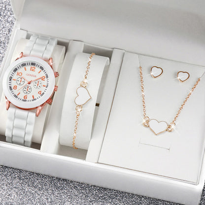 4pcs/set Geneva Watch Fashion Silicone Band Women Quartz Watches Heart Jewelry Set(Without Box)