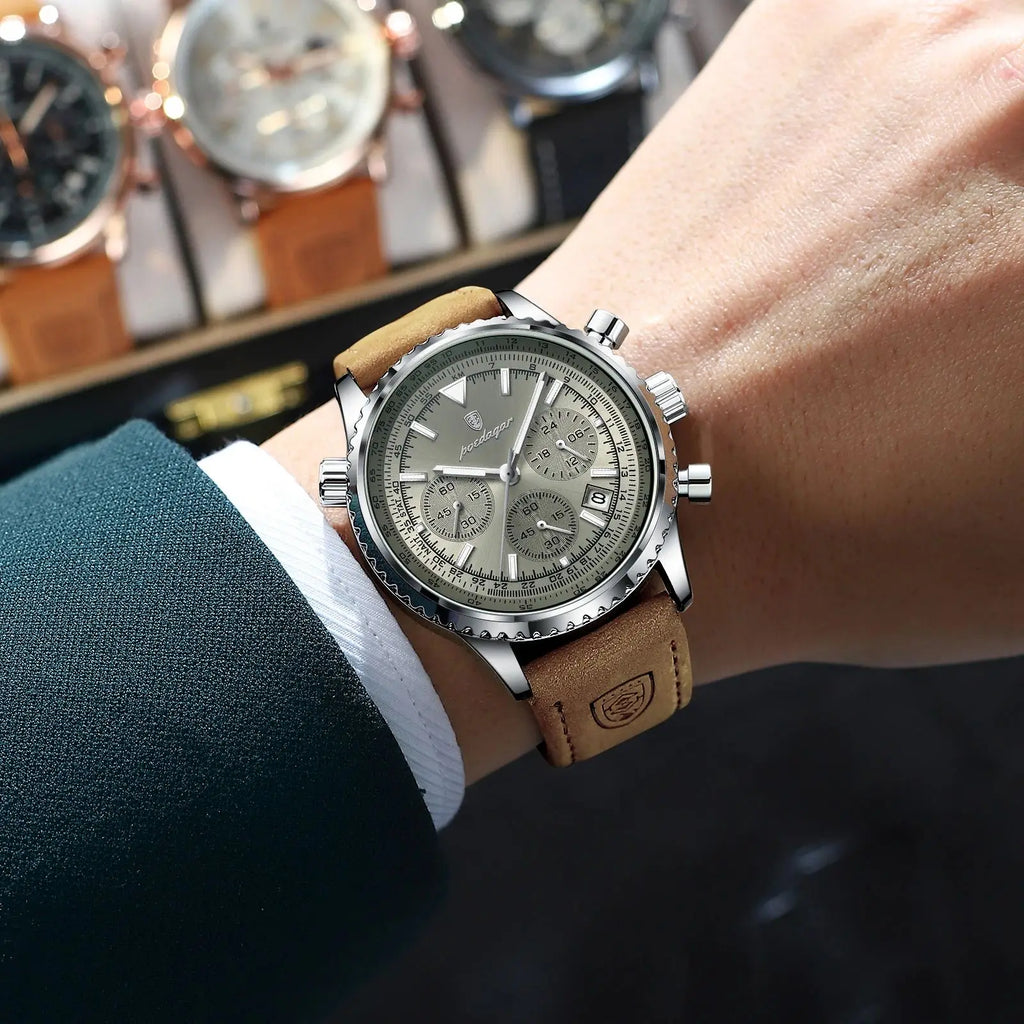 Luxury Men's Chronograph – Waterproof, Luminous, Calendar Leather Quartz Watch – Precision & Style for the Modern Gentleman