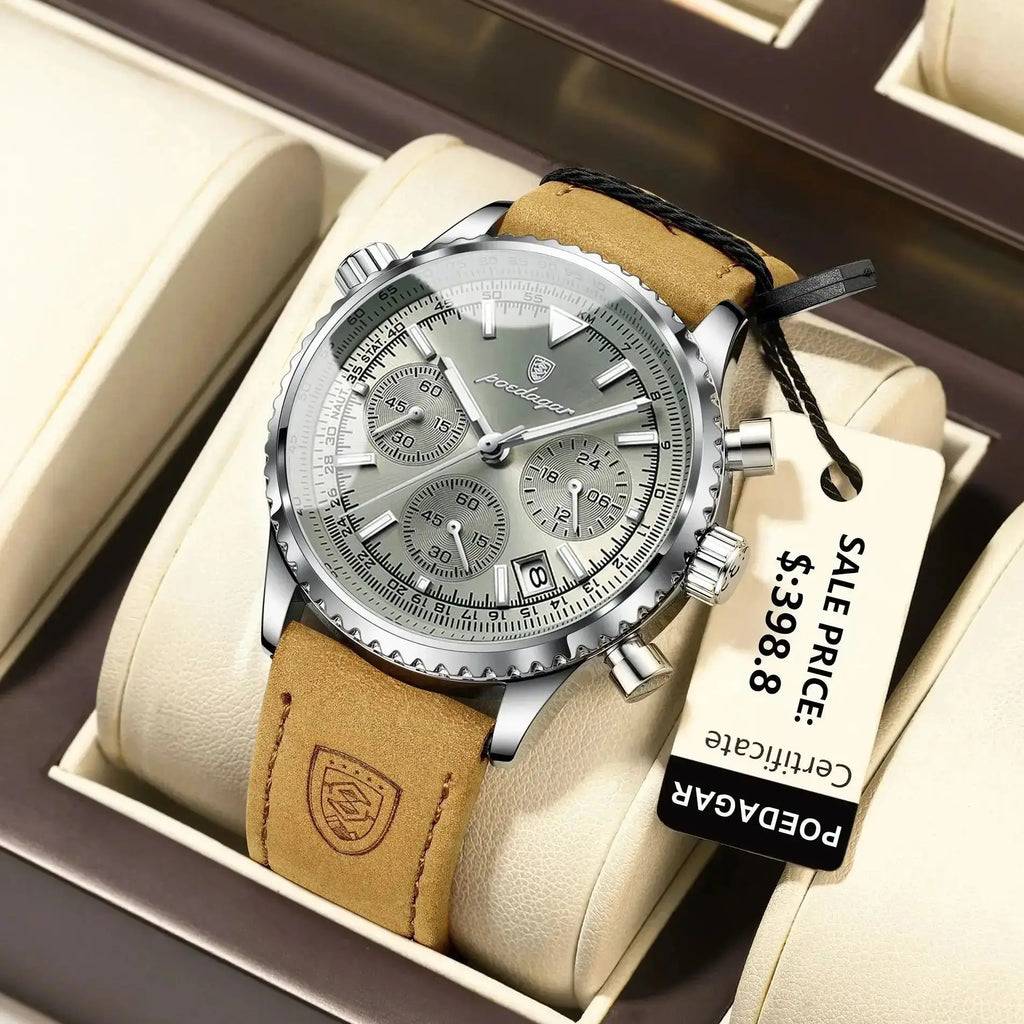 Luxury Men's Chronograph – Waterproof, Luminous, Calendar Leather Quartz Watch – Precision & Style for the Modern Gentleman
