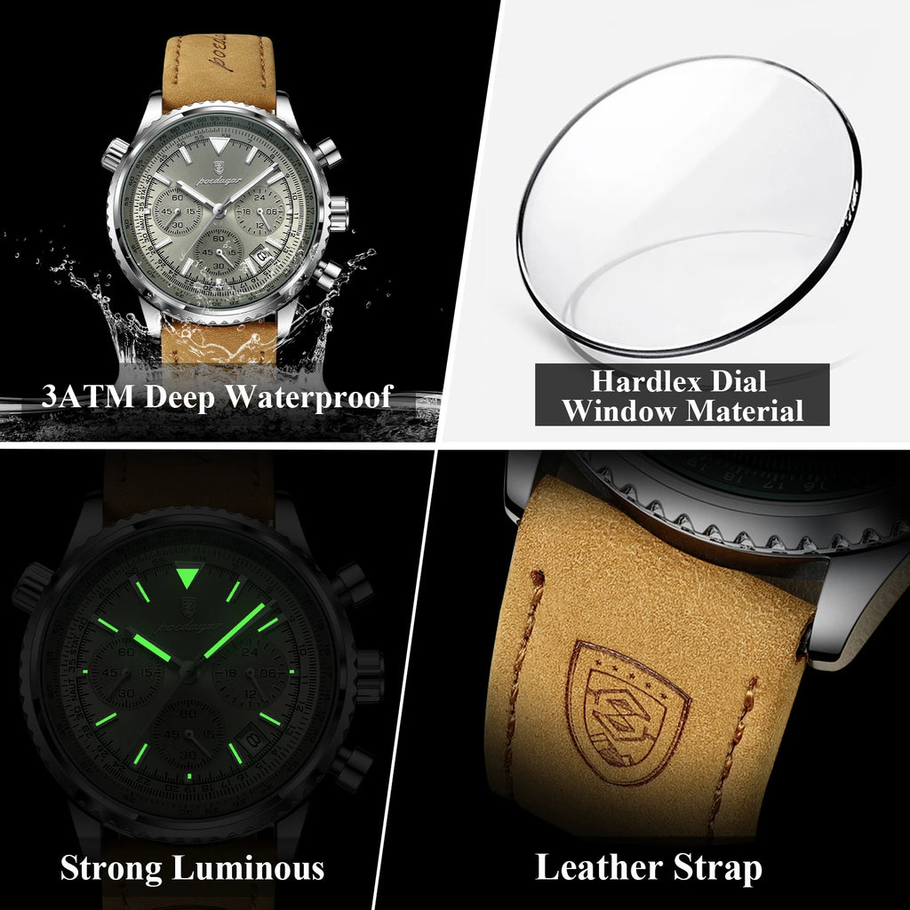 Luxury Men's Chronograph – Waterproof, Luminous, Calendar Leather Quartz Watch – Precision & Style for the Modern Gentleman