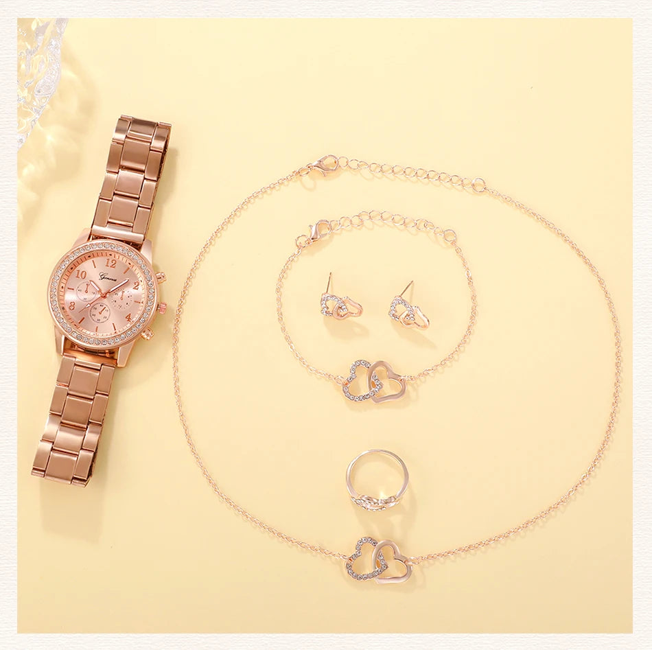 6PCS Set Rose Gold Luxury Watch Women Ring Necklace Earring Rhinestone Fashion Wristwatch Casual Ladies Bracelet Watches