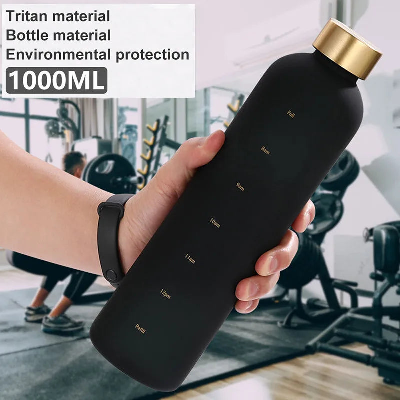 1L Bottle With Time Marker 32 OZ Motivational Reusable Fitness Sports Outdoors Travel Leakproof BPA Free Frosted Plastic