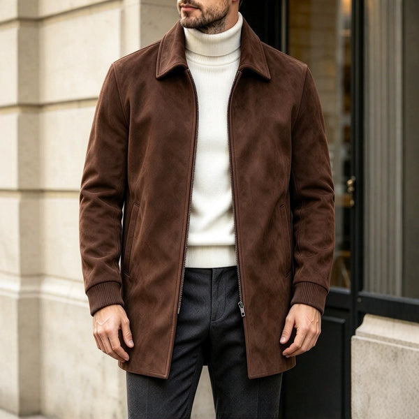 Retro Solid-Color Lapel Mid-Length Overcoat, Slim-Fit Windproof Coat